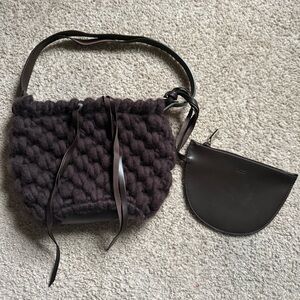 Furla made in Italy brown knit wool leather woven crochet shoulder bag